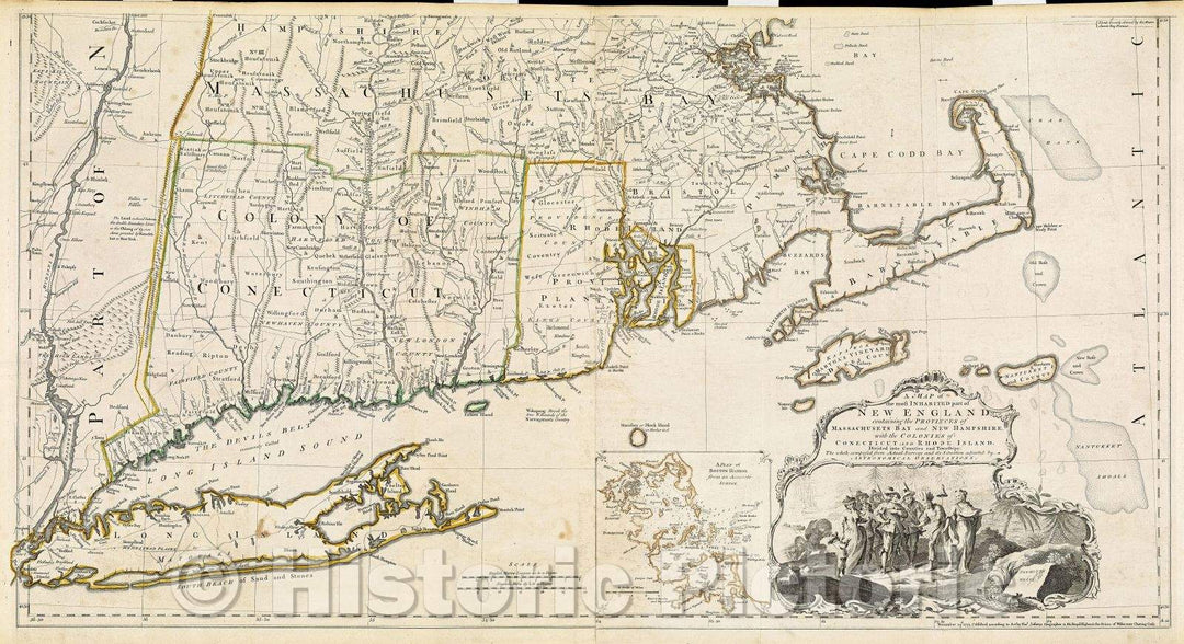 Historic Map : A Map of the most Inhabited part of New England, containing the Provinces of Massachusetts Bay and New Hampshire. with the Colonies of Conecticut, c. 1765 , Vintage Wall Art , v2