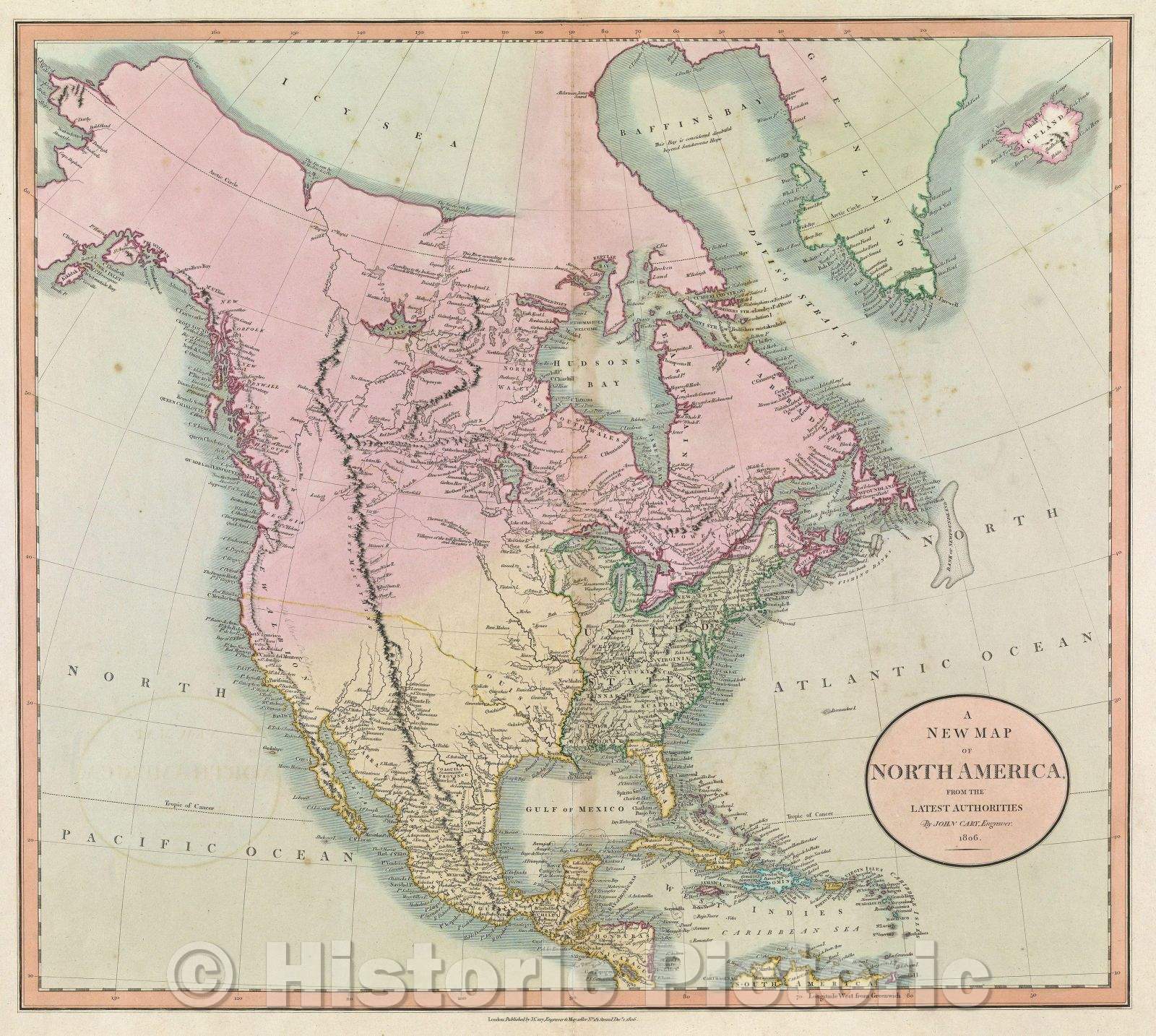 Historic Map : A New Map of North America, From the Latest Authorities By John Cary, Engraver. 1806., 1806 , Vintage Wall Art