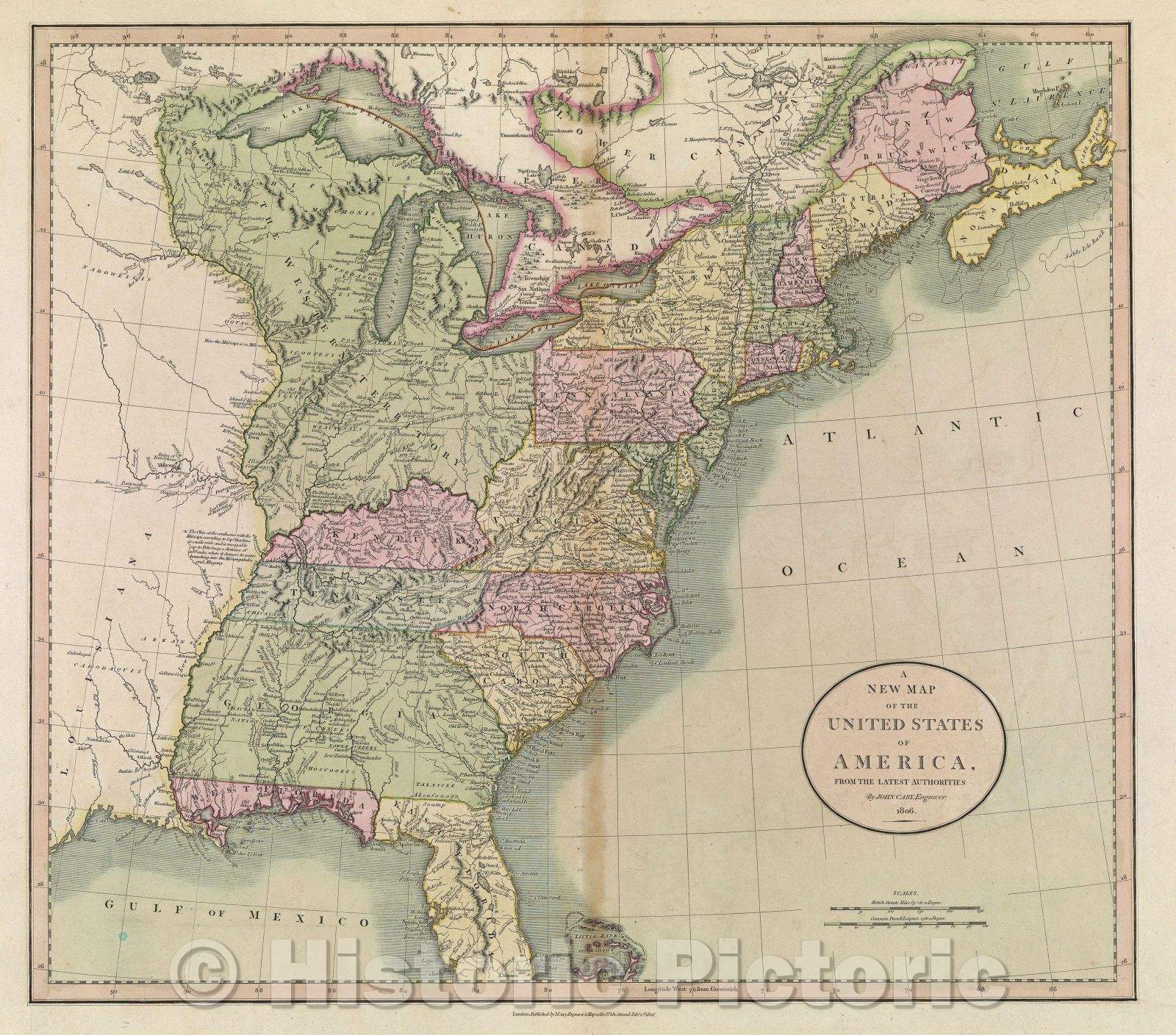 Historic Map : A New Map of the United States of America, From the Latest Authorities By John Cary, Engraver. 1806., 1806 , Vintage Wall Art