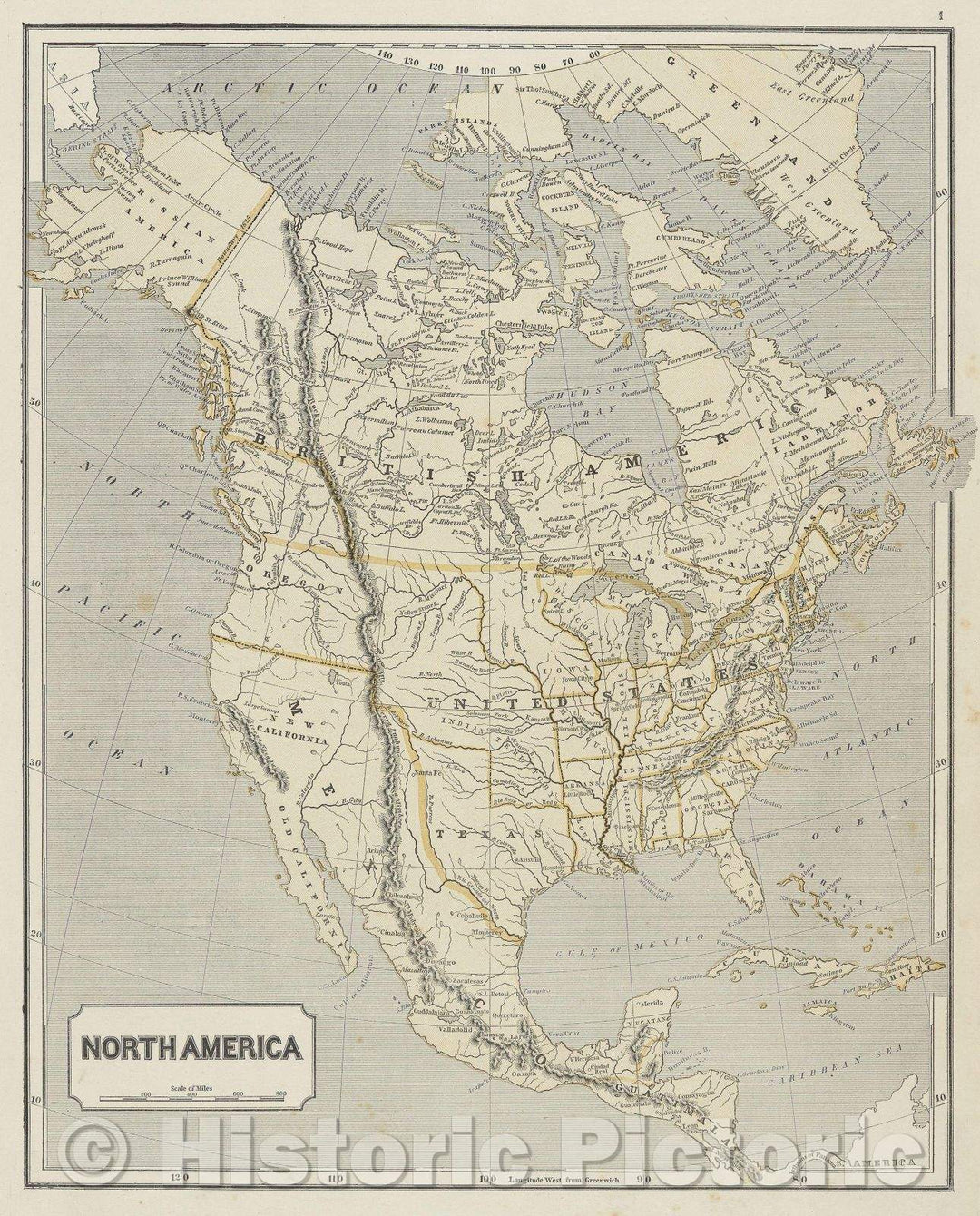 Historic Map : North America, 1845 , Vintage Wall Art