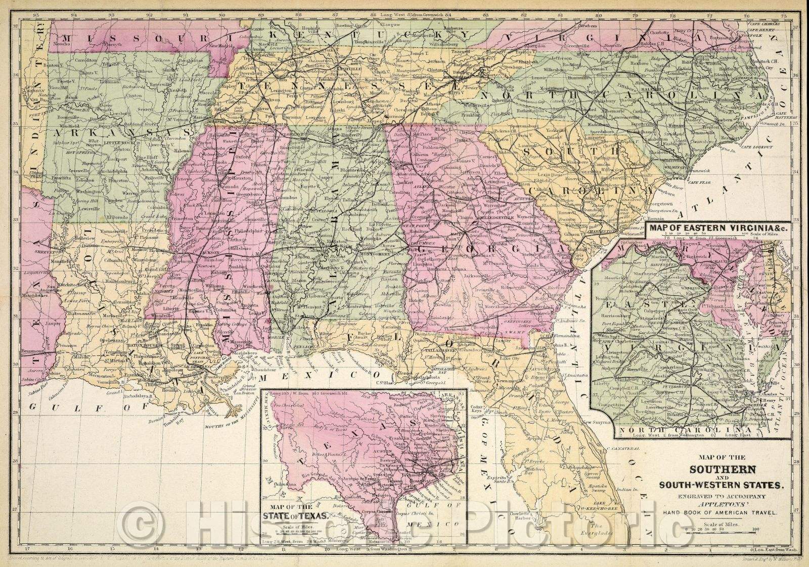 Historic Map : Map of the Southern and South-Western States. Engraved to Accompany Appleton's Handbook of American Travel., 1849 , Vintage Wall Art