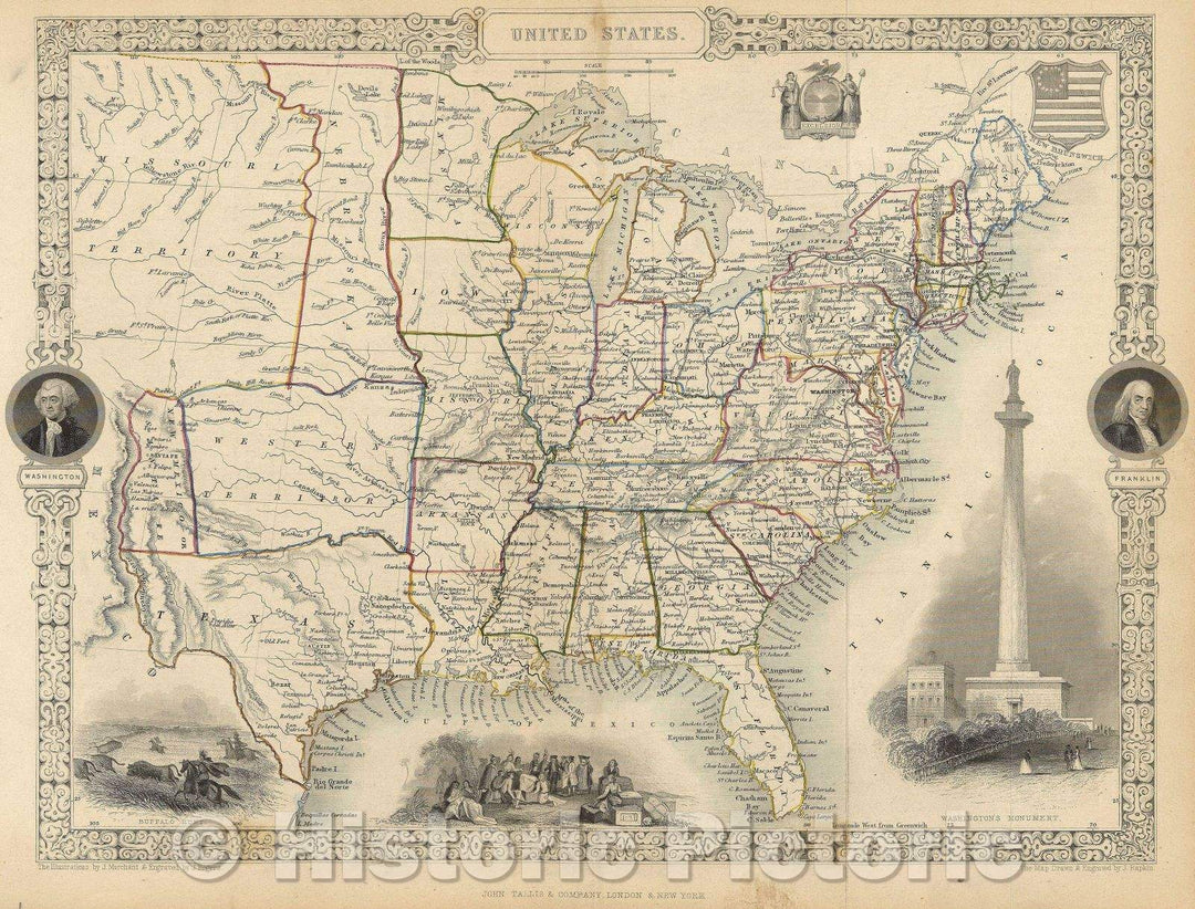 Historic Map : United States, c. 1850 , Vintage Wall Art