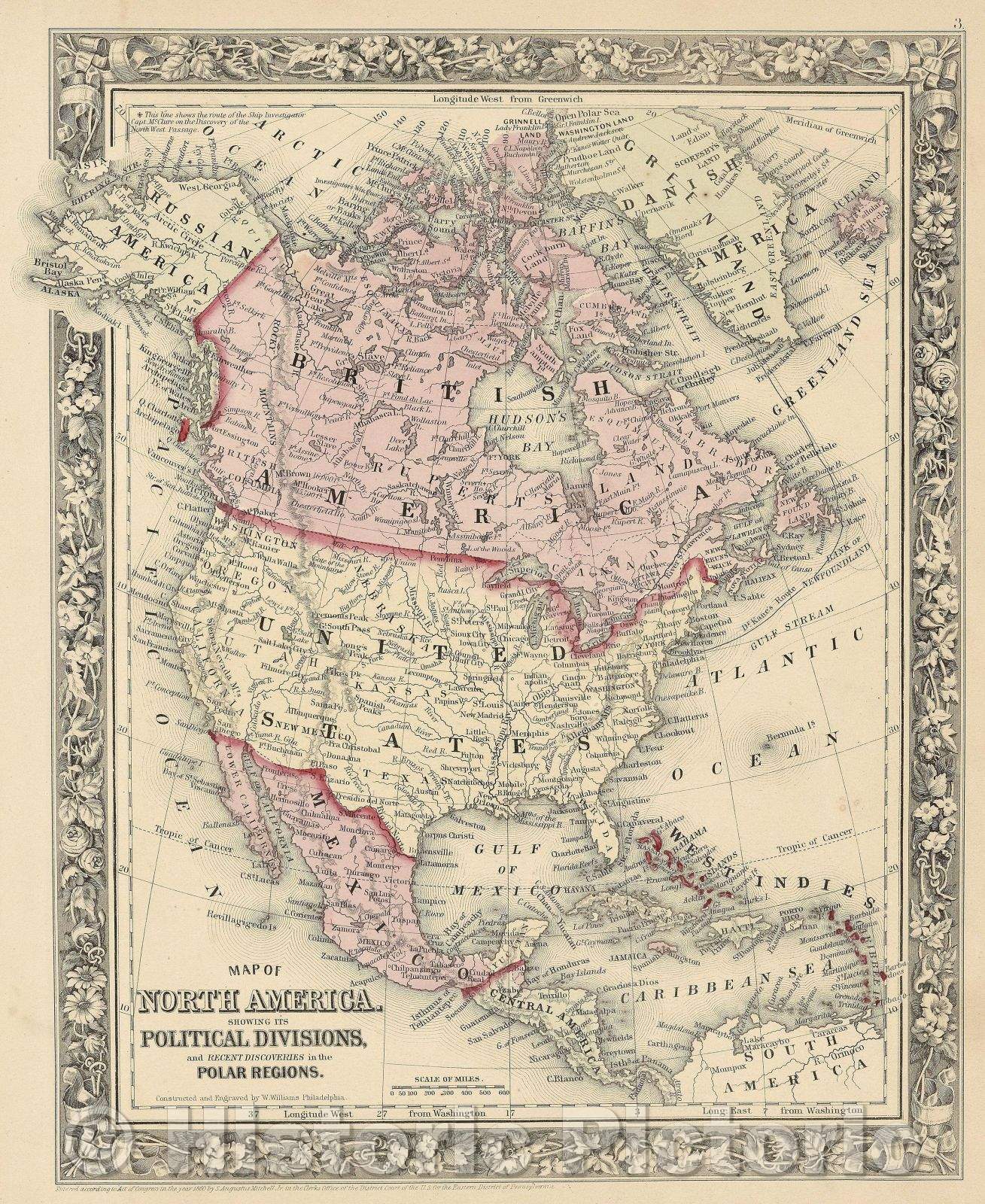 Historic Map : Map of North America Showing its Political Divisions and Recent Discoveries in the Polar regions constructed and engraved by W. Williams, 1860 , Vintage Wall Art