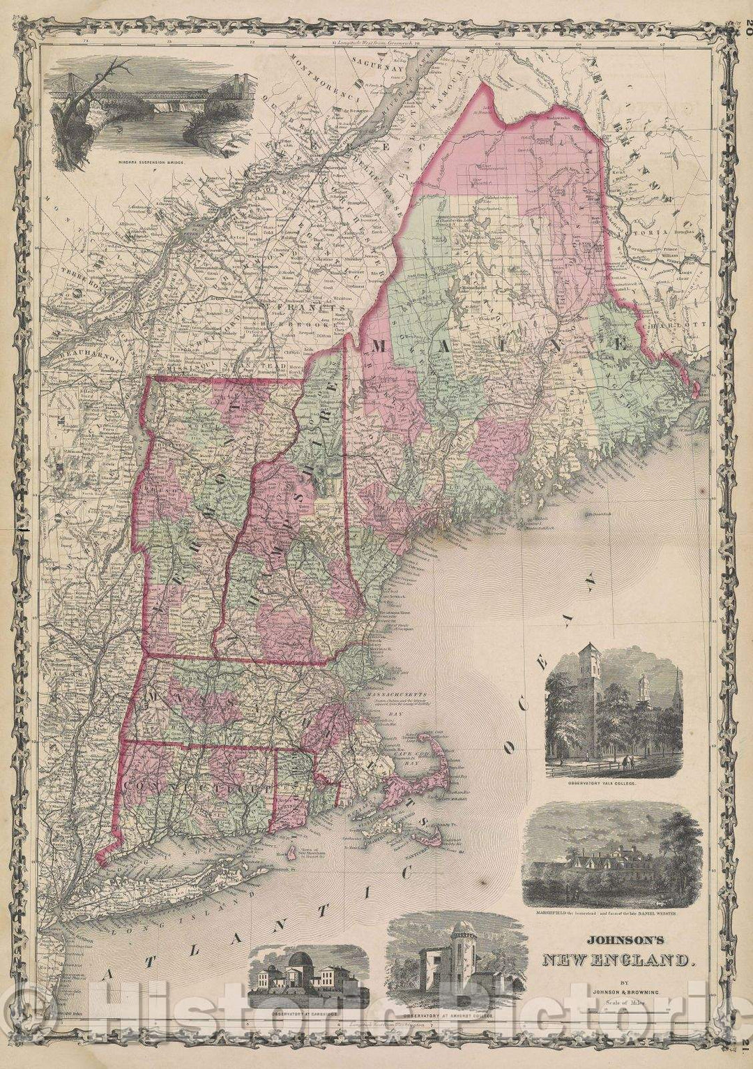 Historic Map : Johnson's New England by Johnson and Browning, c. 1860 , Vintage Wall Art