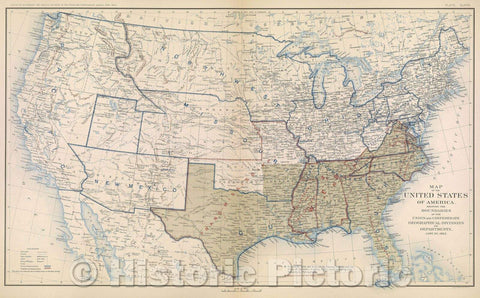 Historic Map : Map of the United States of America, showing the Boundaries of the Union and Confederate Geographical Divisions and Departments, June 30, 1863., 1891 , Vintage Wall Art
