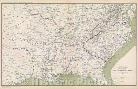 Historic Map : Section of G. Woolworth Colton's New Guide Map of the United States and Canada with Railroads, Counties etc. 1863, 1891 , Vintage Wall Art