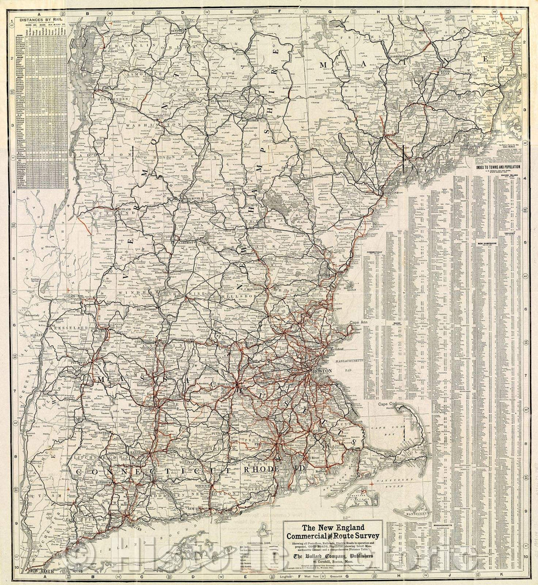 Historic Map : The New England Commercial and Route Survey Showing all Postoffices, Railroads, Electric Roads in operation and proposed, Good Roads, Population, 1909 , Vintage Wall Art , v2