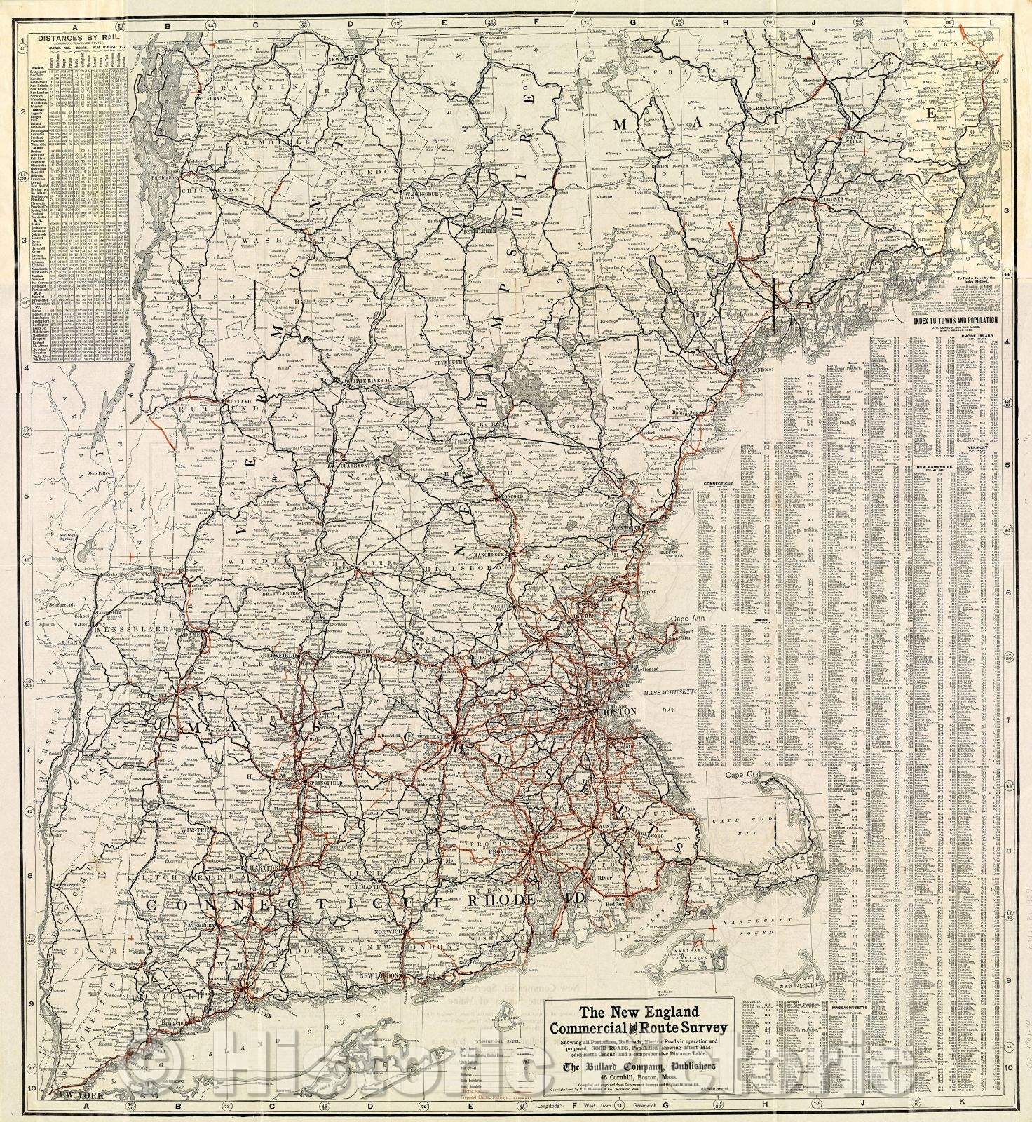 Historic Map : The New England Commercial and Route Survey Showing all Postoffices, Railroads, Electric Roads in operation and proposed, Good Roads, Population, 1909 , Vintage Wall Art , v2