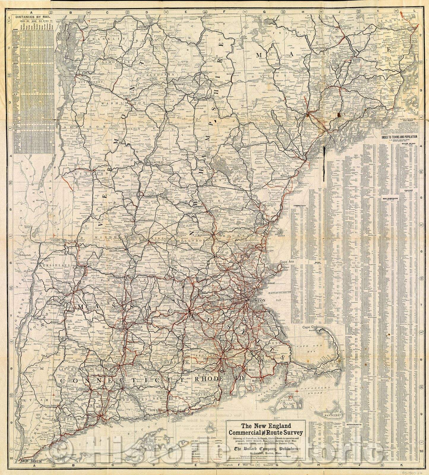 Historic Map : The New England Commercial and Route Survey Showing all Postoffices, Railroads, Electric Roads in operation and proposed, Good Roads, Population, 1909 , Vintage Wall Art