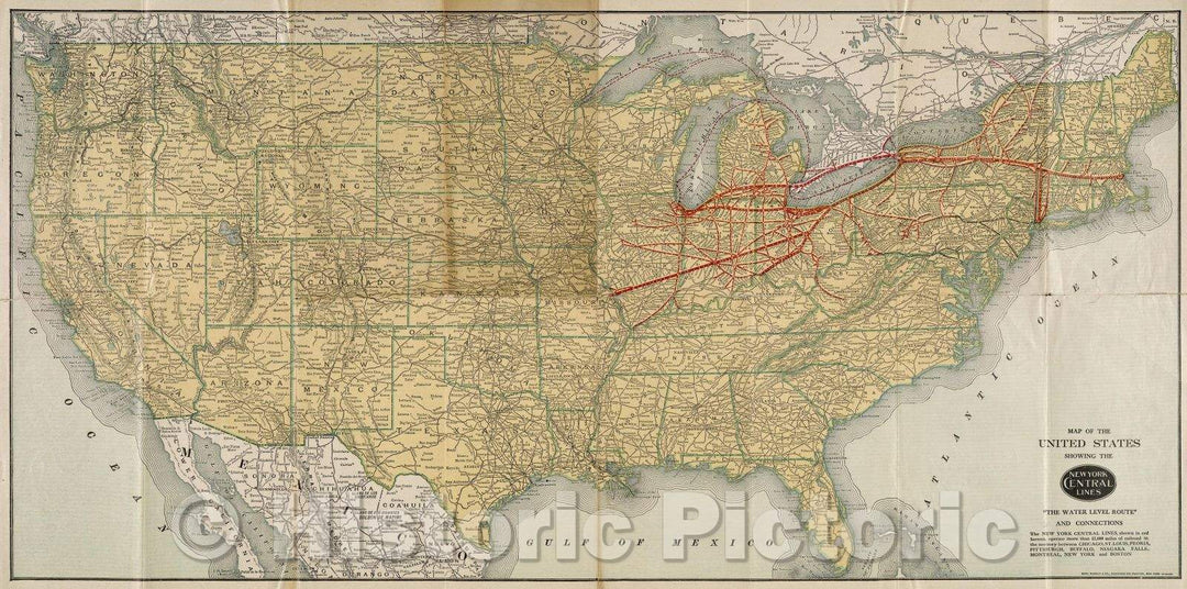 Historic Map : Map of the United States showing the New York Central Lines, "The Water Level Route" and Connections., 1915 , Vintage Wall Art