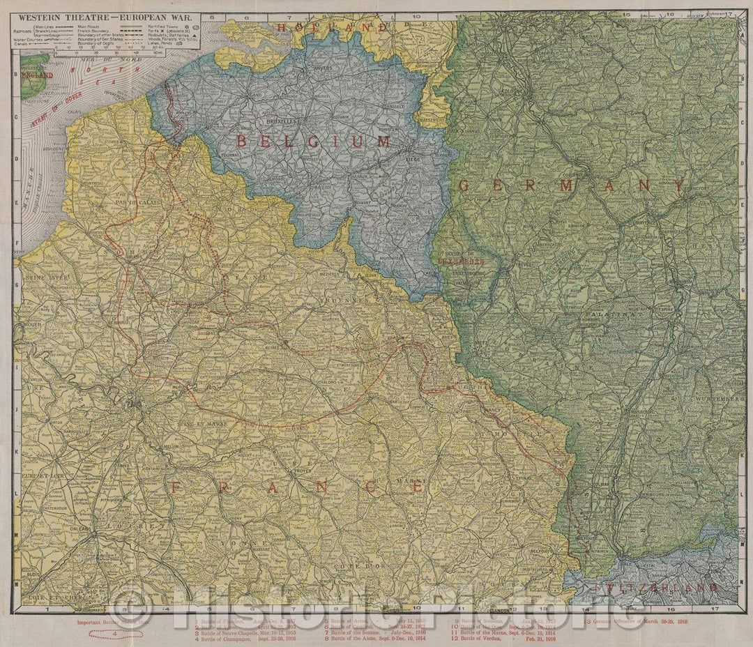 Historic Map : New Detailed Western Front War Map : showing main lines, branch lines and narrow gauge railroads, water courses, canals, main roads, boundaries, 1918 , Vintage Wall Art