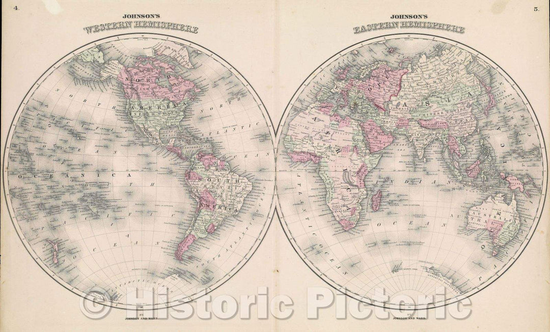 Historic Map : Johnson's Western Hemisphere, Johnson's Eastern Hemisphere, 1865 , Vintage Wall Art