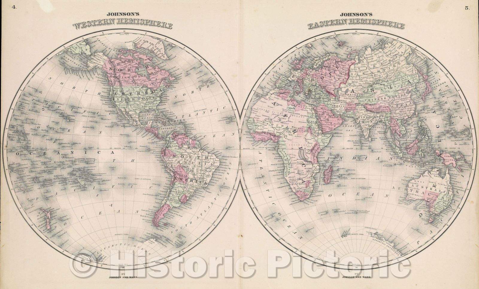 Historic Map : Johnson's Western Hemisphere, Johnson's Eastern Hemisphere, 1865 , Vintage Wall Art