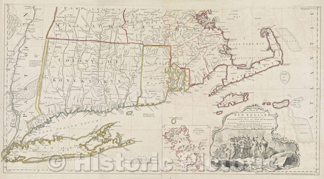 Historic Map : Map of the Most Inhabited Part of New England, containing the Provinces of Massachusetts Bay and New Hampshire, with the Colonies of Konektikut, 1755 , Vintage Wall Art