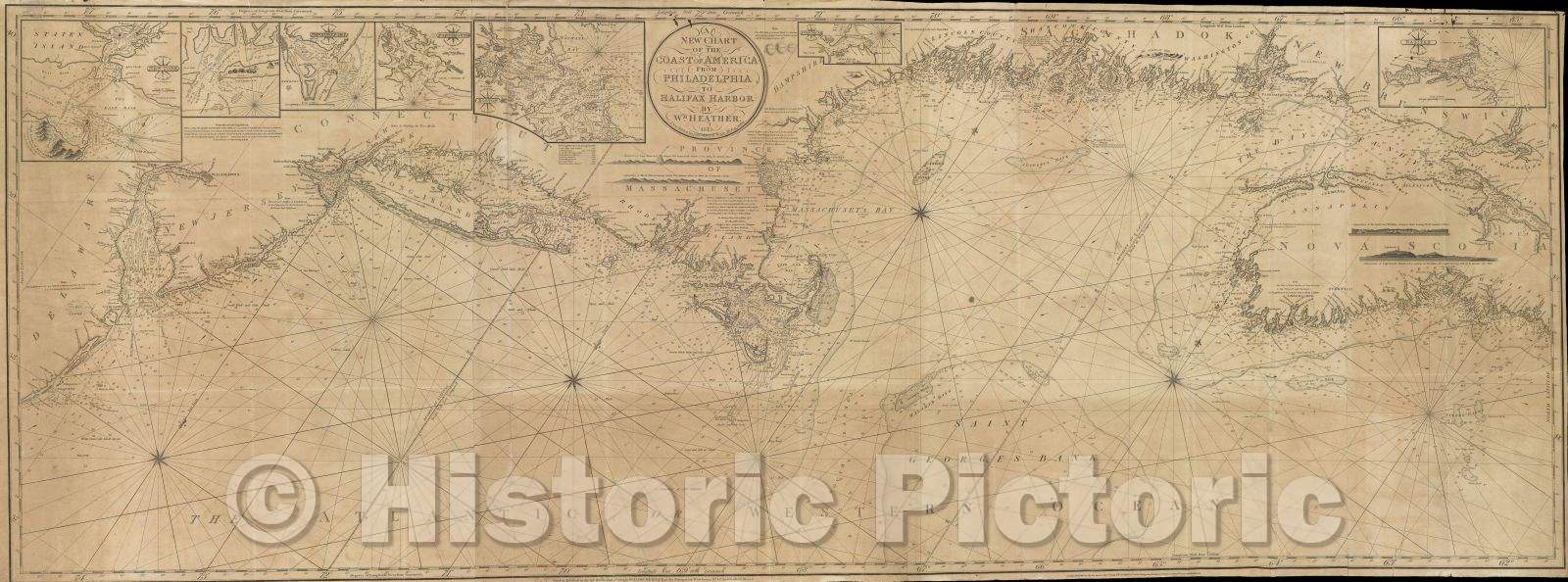 Historic Map : A New Chart of the Coast of America from Philadelphia to Halifax by Wm. Heather, 1815. A new edition, improved by J. W. Norie, Hydrographer., 1815 , Vintage Wall Art