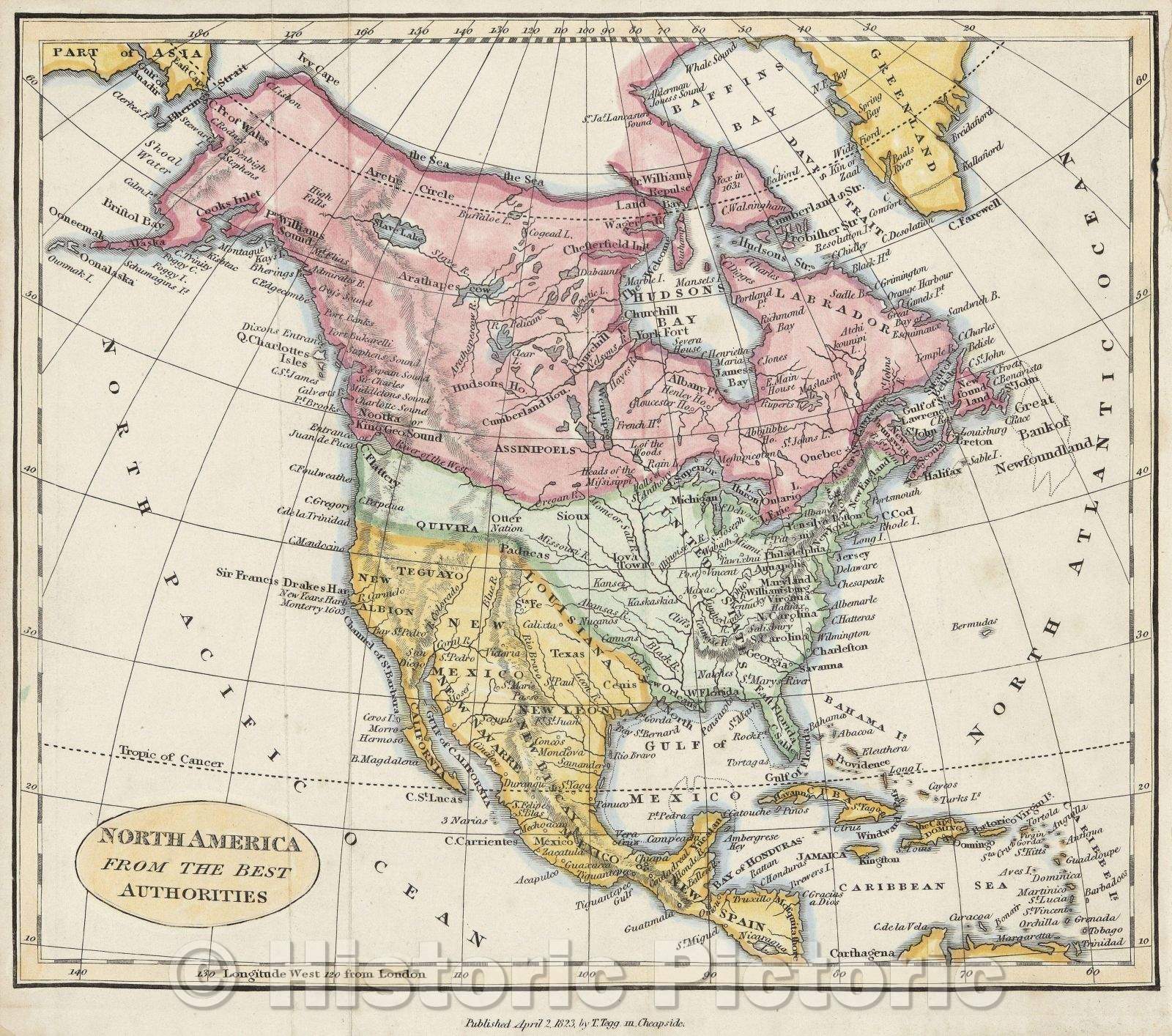 Historic Map : North America from the Best Authorities, 1823 , Vintage Wall Art