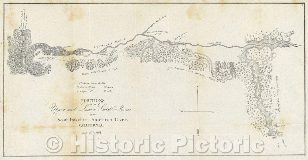 Historic Map : Positions of the Upper and Lower Gold Mines on the South Fork of the American River, California, 1848 , Vintage Wall Art