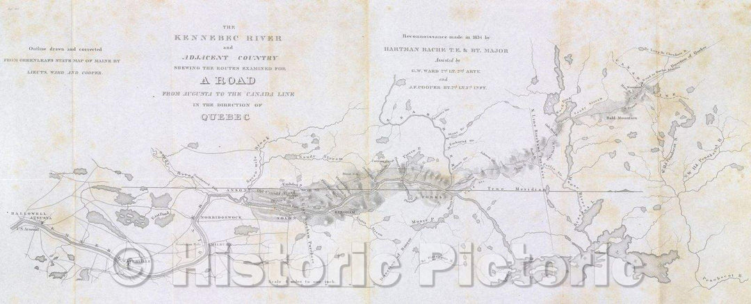 Historic Map : The Kennebec River and Adjacent Country Showing the Road Examined for a Road from Augusta to the Canada Line in the Direction of Quebec, 1834 , Vintage Wall Art