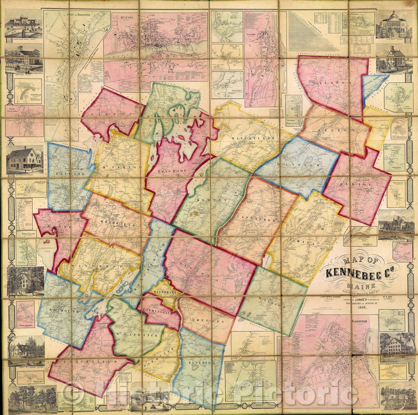 Historic Map : Map of Kennebec Co. Maine from actual surveys by Baker and Co. Published by J. Chace Jr. 17 and 19 Minor St. Philadelphia and Augusta Me. 1856., 1856 , Vintage Wall Art