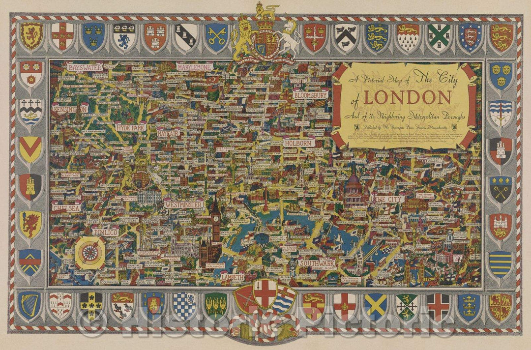 Historic Map : A Pictorial Map of the City of London and its neighboring metropolitan boroughs published by the Ravengate Press, Boston Massachusetts., 1952 , Vintage Wall Art