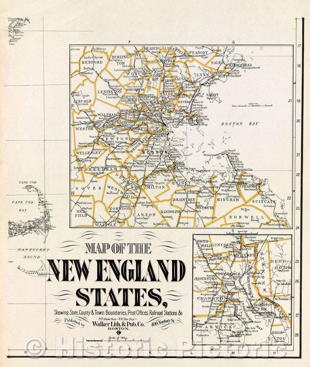 Historic Map : Map of New England States, Showing State, County and Town boundaries, Post Offices, Railroad Stations andc., 1900 , Vintage Wall Art