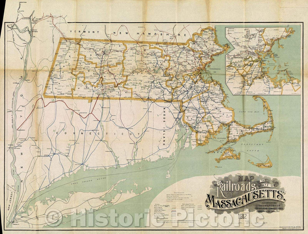 Historic Map : Map of the Railroads of the State of Massachusetts. 1912. Accompanying the report of the Railroad Commissioners. Corrected to Jan. 1, 1913., c. 1913 , Vintage Wall Art