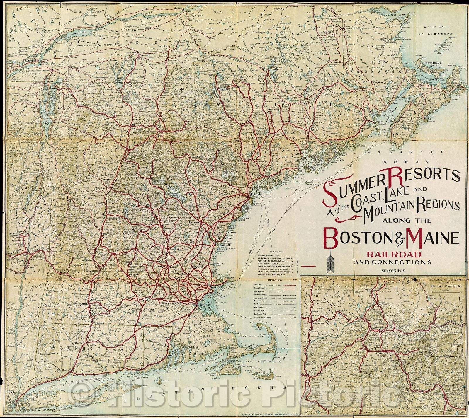 Historic Map : Summer Resorts of the Coast, Lake and Mountain Regions along the Boston and Maine Railroad and Connections Season 1915, 1915 , Vintage Wall Art