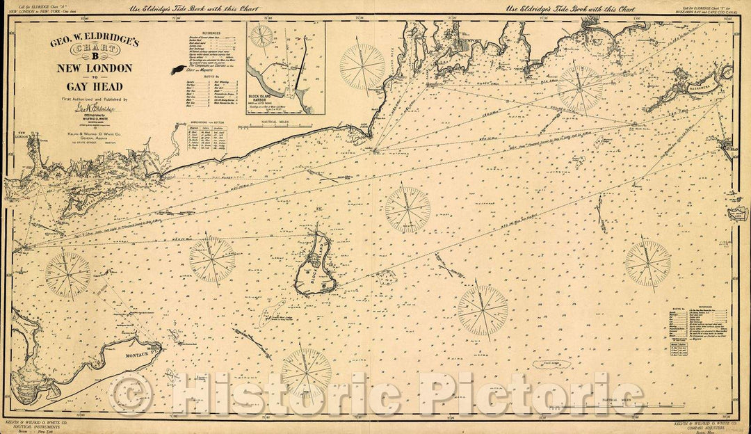 Historic Map : Geo. W. Eldridge's Chart B  New London to Gay Head  First Authorized and Published by Geo. W. Eldridge, 1920 , Vintage Wall Art