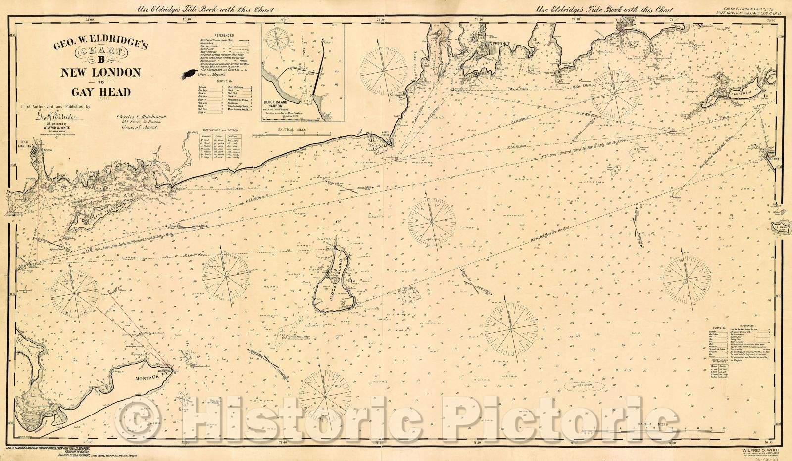 Historic Map : Geo. W. Eldridge's Chart B : New London to Gay Head, c. 1916 , Vintage Wall Art