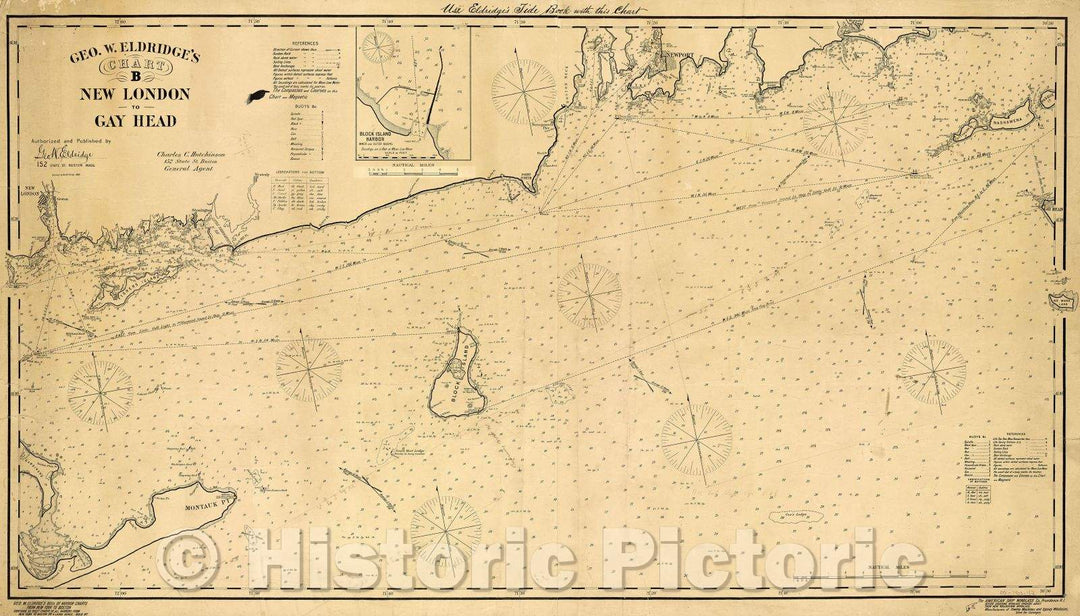 Historic Map : Geo. W. Eldridge's chart B : New London to Gay Head  Authorized and Published by Geo. W. Eldridge, 1903 , Vintage Wall Art