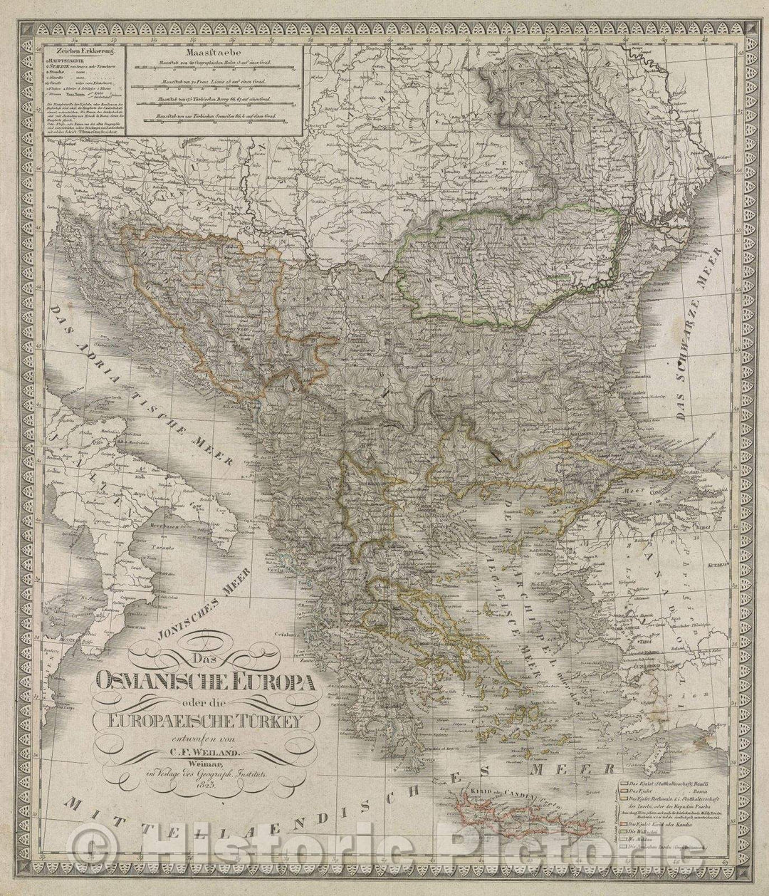 Historic Map : Das Osmanische Europa oder die Europaeische Turkey entworfen von C.F. Weiland, 1823 , Vintage Wall Art