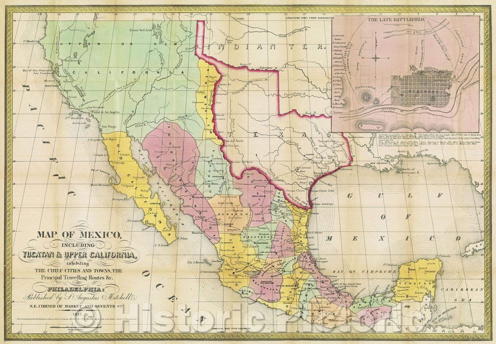 Historic Map : Map of Mexico including Yucatan and Upper California, exhibiting the chief cities and towns, the principal travelling routes and c., 1847 , Vintage Wall Art