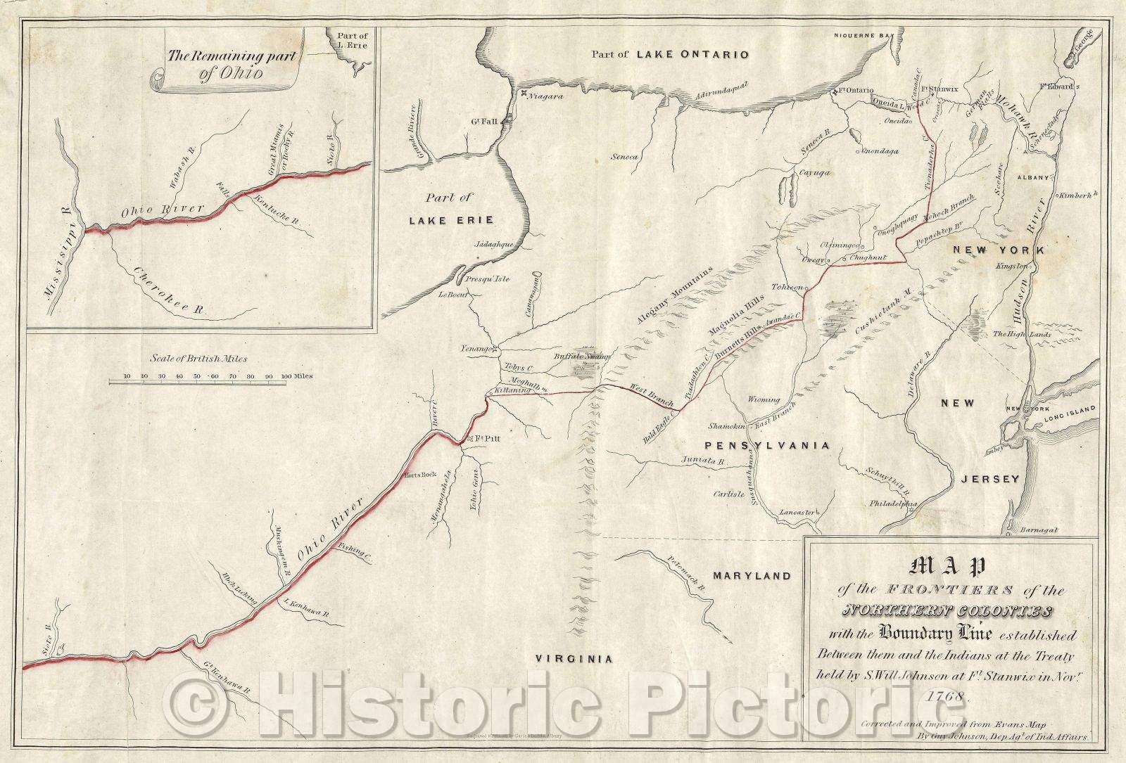 Historic Map : Map of the Frontiers of the Northern Colonies with boundary line established between them and the Indians at the Treaty, 1850 , Vintage Wall Art