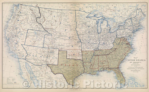 Historic Map : Map of the United States of America, showing the Boundaries of the Union and Confederate Geographical Divisions and Departments, Dec. 31, 1861., 1891 , Vintage Wall Art