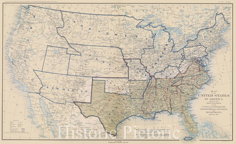 Historic Map : Map of the United States of America, showing the Boundaries of the Union and Confederate Geographical Divisions and Departments, June 30, 1864., 1891 , Vintage Wall Art