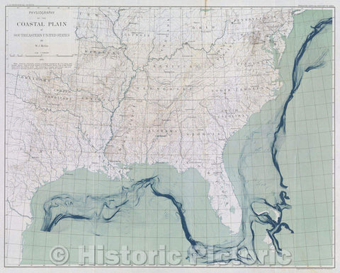 Historic Map : Physiography of the Coastal Plain of Southeastern United States by W. J. McGee, 1891 , Vintage Wall Art
