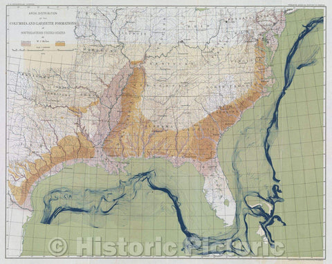 Historic Map : Areal Distribution of the Columbia and Lafayette Formations of Southeastern United States by W. J. McGee, 1891 , Vintage Wall Art