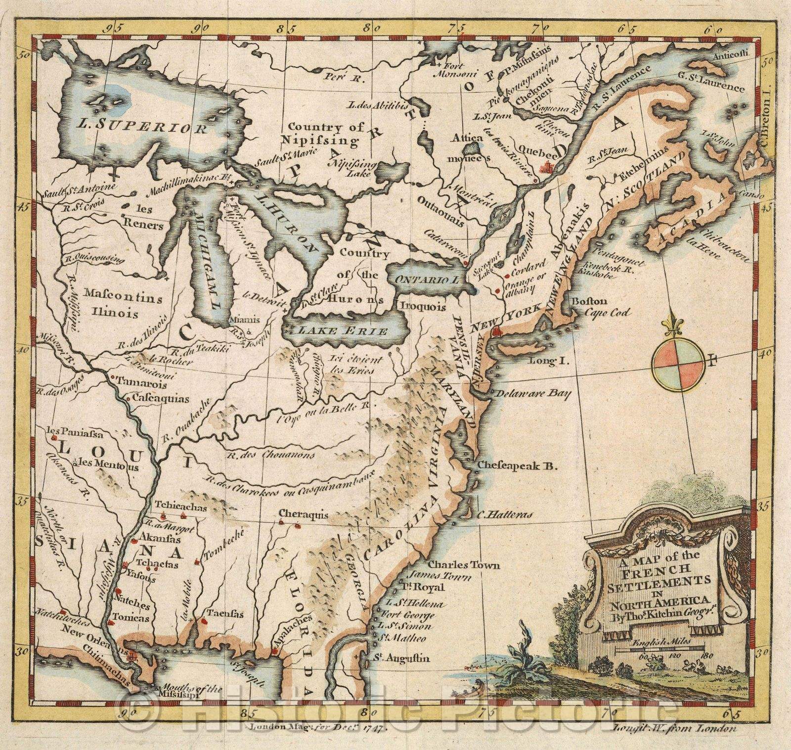 Historic Map : A Map of the French Settlements in North America By Thos. Kitchin Geogrr., 1747 , Vintage Wall Art