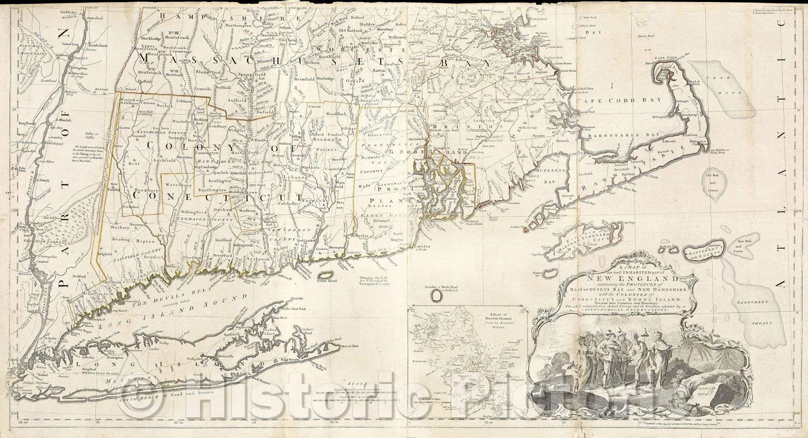 Historic Map : A Map of the most Inhabited part of New England, containing the Provinces of Massachusetts Bay and New Hampshire, with the colonies of Conecticut, 1794 , Vintage Wall Art