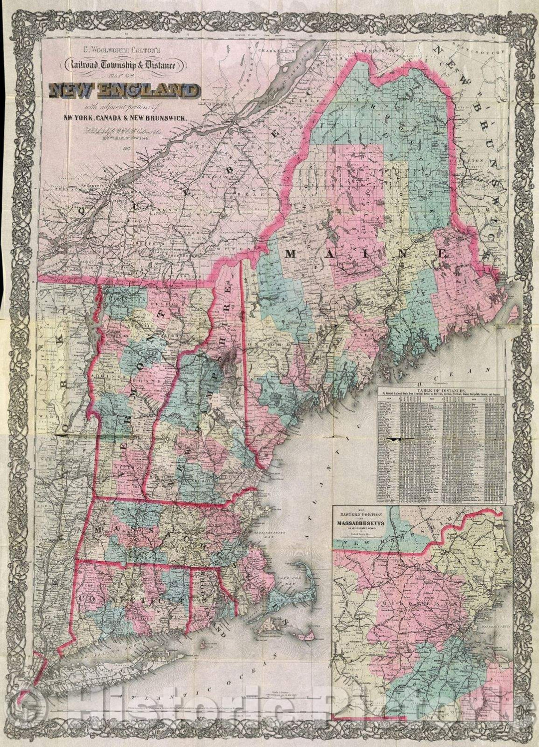 Historic Map : G. Woolworth Colton's Railroad, Township and Distance Map of New England., c. 1887 , Vintage Wall Art