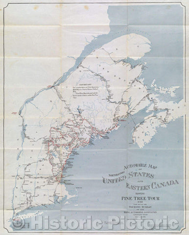 Historic Map : Automobile Map of Northeastern United States and Eastern Canada Showing Pine Tree Tour in Red, 1917 , Vintage Wall Art