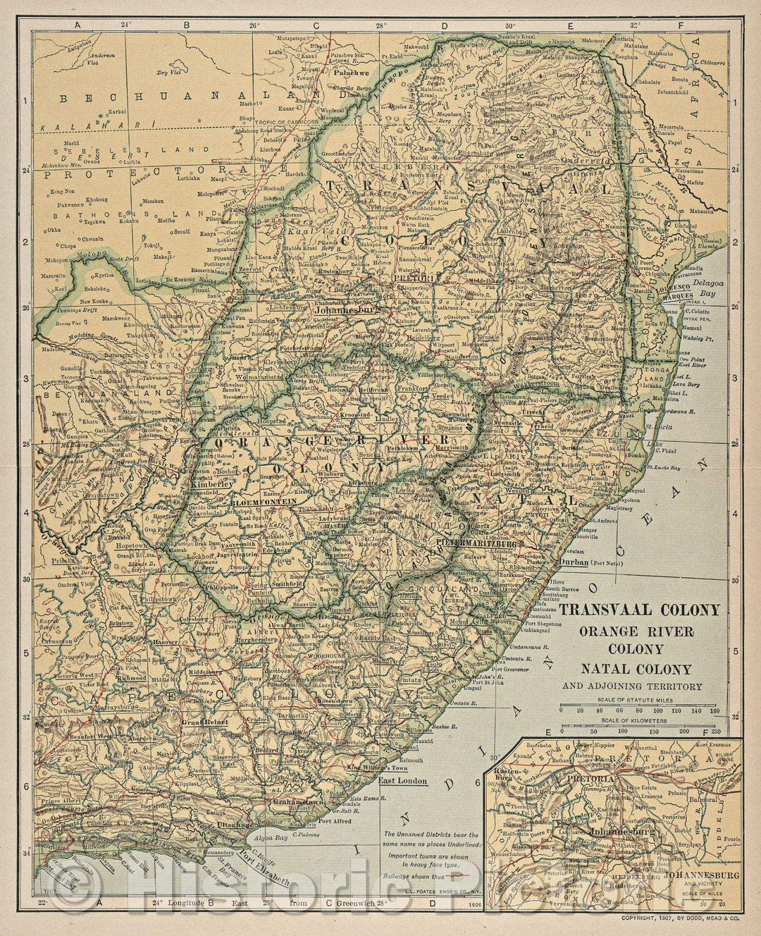 Historic Map : Transvaal Colony, Orange River Colony, Natal Colony and Adjoining Territory, 1907 , Vintage Wall Art