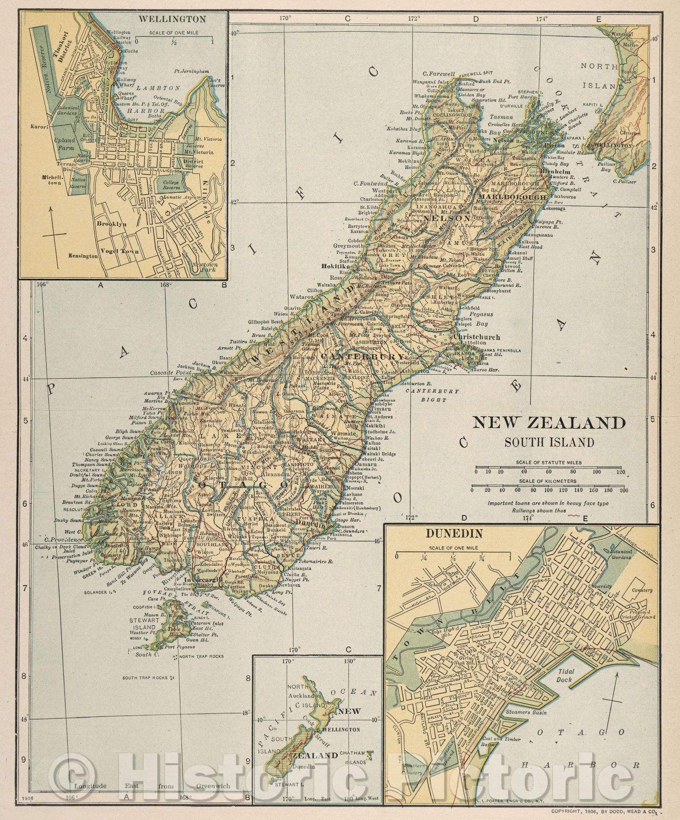 Historic Map : New Zealand South Island, 1906 , Vintage Wall Art