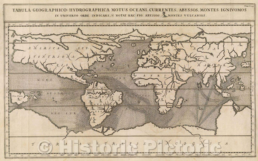 Historic Map : Tabula geographico-hydrographica motus oceani, currentes, abyssos, montes ignivomos in universo orbe indicans, notat haec fig. abyssos montes vulcanio, 1668 , Vintage Wall Art