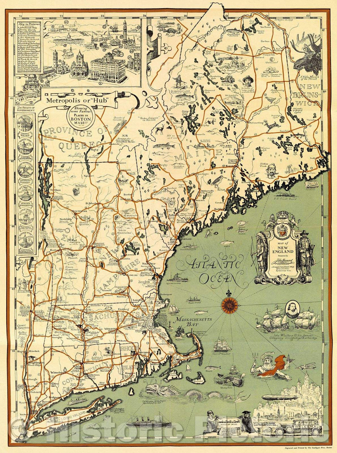 Historic Map : Map of New England with chief auto-routes, 1930 , Vintage Wall Art