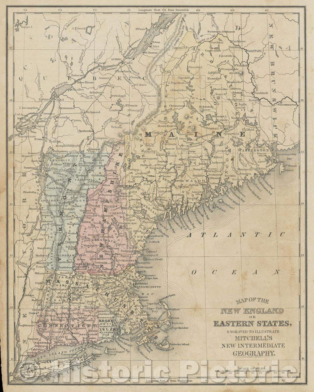 Historic Map : Map of the New England or Eastern states engraved to illustrate Mitchell's new intermediate geography., 1895 , Vintage Wall Art