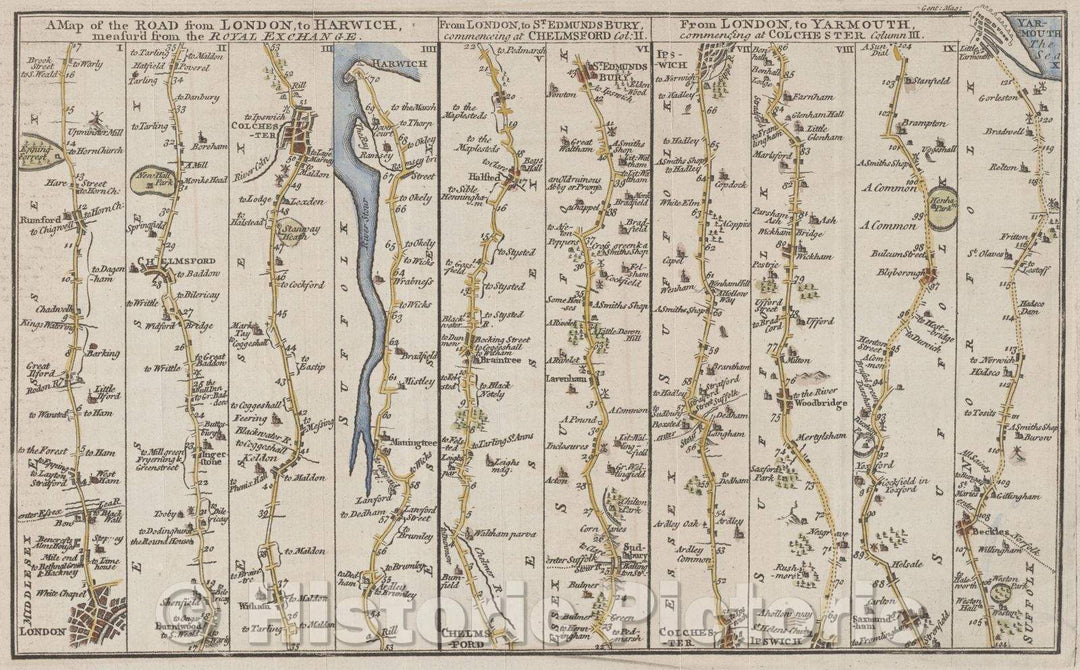 Historic Map : A Map of the road from London to Harwich measur'd from the Royal Exchange from London, to St. Edmunsbury, commencing at Chelmsford col.II from London, 1766 , Vintage Wall Art