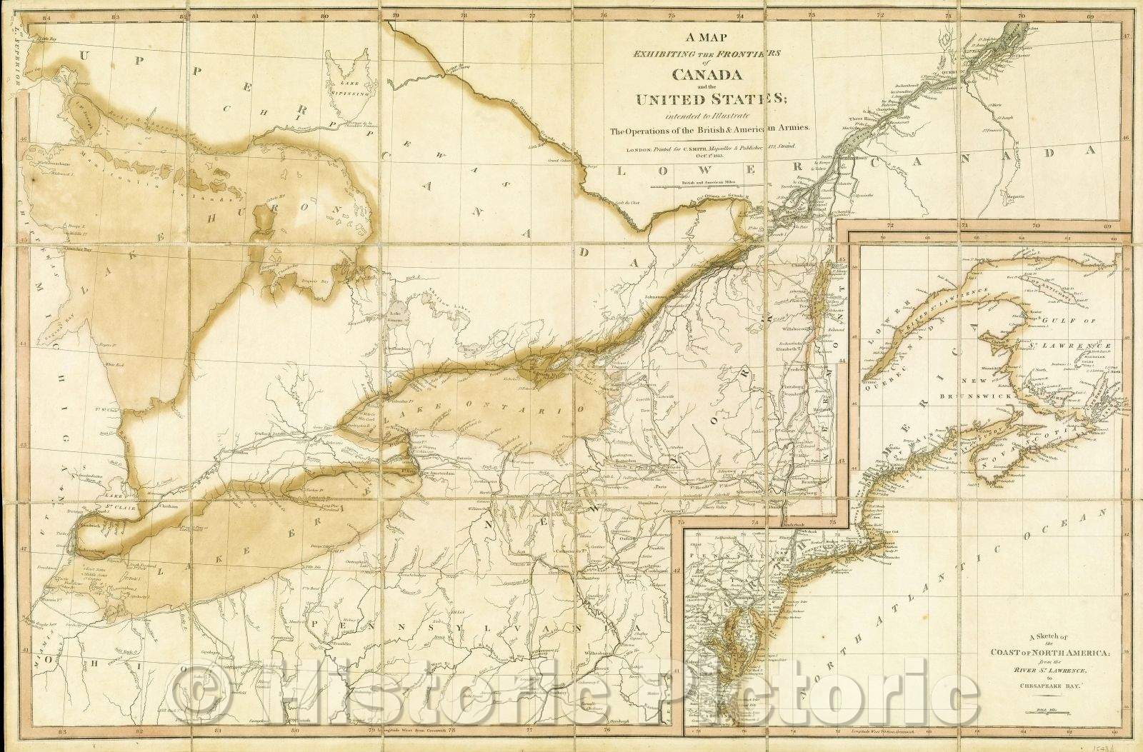 Historic Map : A Map Exhibiting the Frontiers of Canada and the United States; intended to illustrate the Operations of the British and American Armies, 1813 , Vintage Wall Art