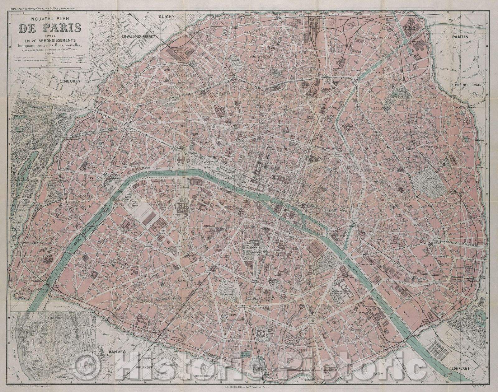 Historic Map : Nouveau Plan de Paris divise en 20 arrondissements indiquant toutes les rues nouvelles, ainsi que les numeros des maisons sur les grdes sic voies., 1908 , Vintage Wall Art