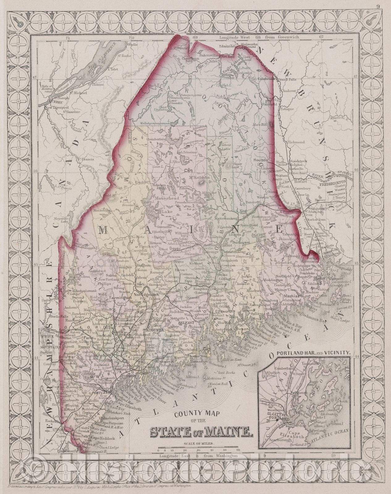 Historic Map : County Map of the State of Maine, 1874 , Vintage Wall Art